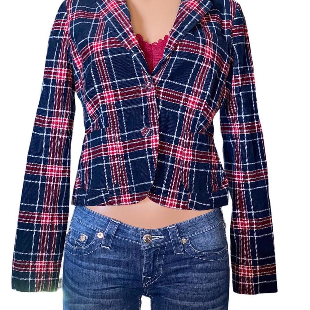 Vintage Y2K Hurley Plaid Corduroy Blazer Jacket Red Blue White